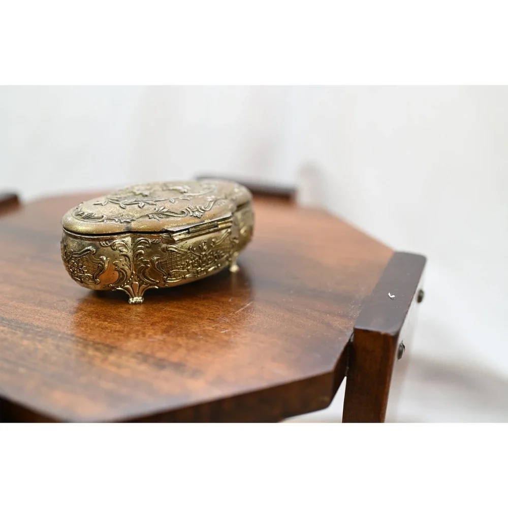 Vintage Metal Jewelry Box Red Velvet Lined Courting Couple Stamped Japan Gold